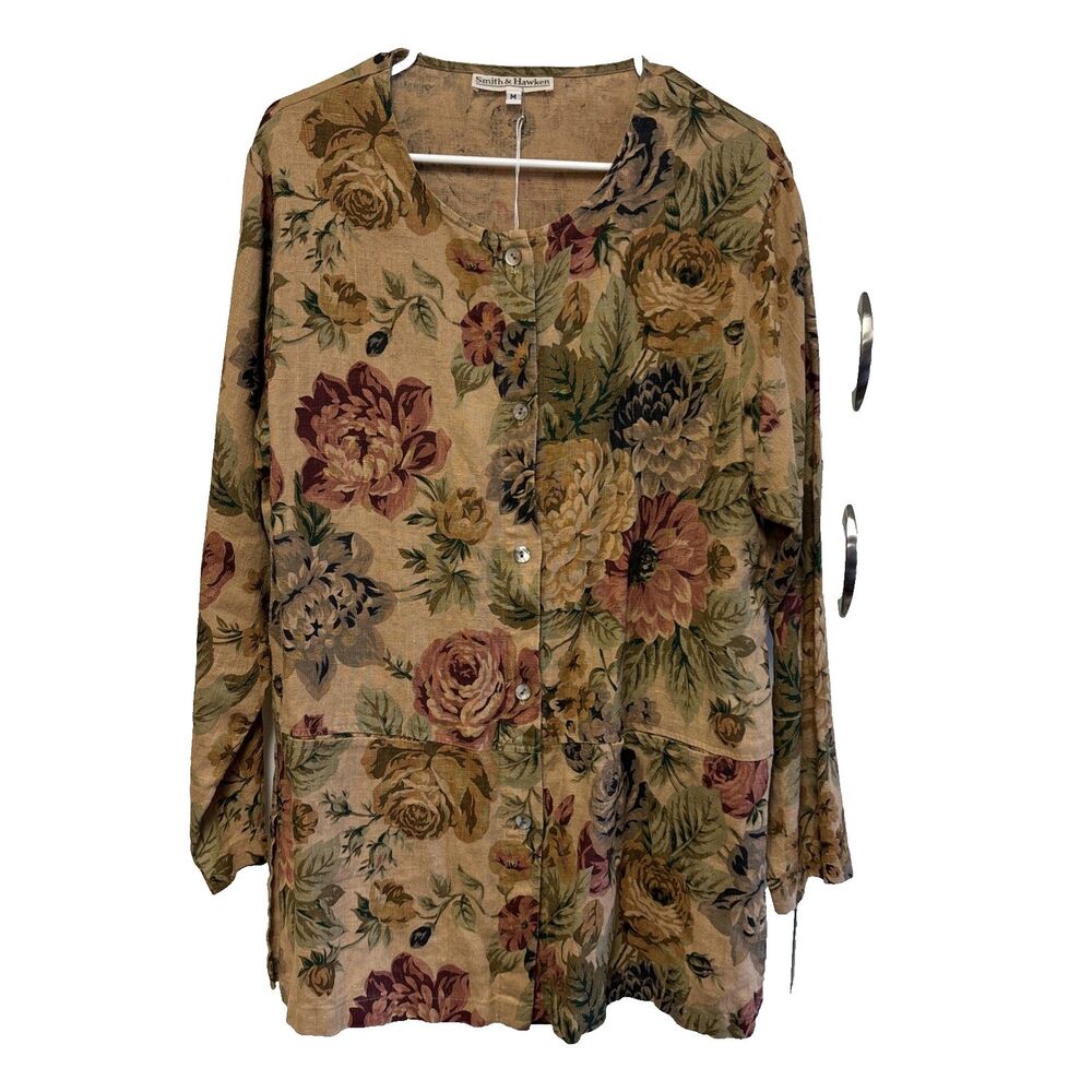 Smith & Hawken Linen Botanical Garden Chore Jacket USA Made M Floral Pockets